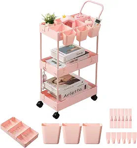 danpinera Slim Storage Cart, 3 Tier Narrow Rolling Cart on Wheels Bathroom Organizer with Dividers Handle Hanging Cups Hooks for Laundry Room Kitchen Small Spaces, Pink