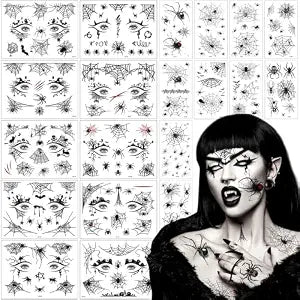 20 Sheets Halloween Eye Shadow Tattoos Stickers Spider Web Skull Bat Fake Eyeliner Temporary Stickers Face Eye Makeup Stickers for Women Girls Halloween Masquerade Carnival Party