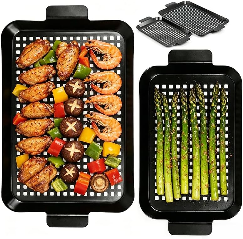 2PCS Grill pan, BBQ Grill Topper for Outdoor Grill with Hole, enamel coating, suitable for picnicking, camping, yard (2 pieces)