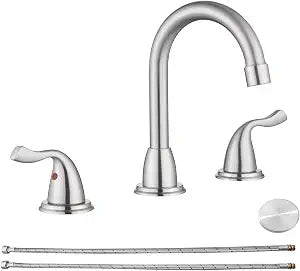 RKF Bathroom Faucets for Sink 3 Hole Brushed Nickel 8 inch Widespread Bath Sink Faucet with Drain Double Lever Handle Vanity Basin Mixer Tap with Hose&Deck RKF03011
