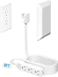 8FT Flat Plug Extension Cord with 3 Outlet Power Strip,Ultra Thin Outlet Concealer with Outlet Covers Baby Proofing,Flat Face Outlet Extender for Home,Bedroom,Kitchen with ETL Listed,White