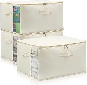3 Pack Canvas Comforter & Blanket Storage Bags with Clear Window, Beige