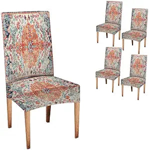 Mrcrypos Dining Chair Cover Ethnic Boho Southwest Orange Blue Washable Chair Covers Set of 4 Spandex Kitchen Parsons Removable Seat Protector for Home Kitchen Party