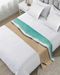 Yukro Bed Runner Scarf, Summer Teal Beach Beige Starfish Ocean Wave Sand Shore Queen Bed Scarf Runner, No Fading Decorative Bedding Scarf for Bedroom Hotels Homes and Guestrooms