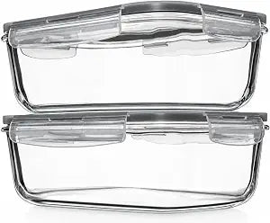 8 Cups/ 63 Oz 4 Piece (2 containers + 2 Lids) Large Glass Food Storage/ Baking Containers with Locking Lids . Ideal for Storing food, vegetables or fruits. BPA Free & Leak Proof -Microwave, Oven Safe