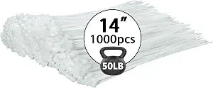 White Zip Ties 14 inch (1000 Pack), Clear, 50 lb, UV Resistant Cable Ties for Outdoor Use, LOCKLOCK