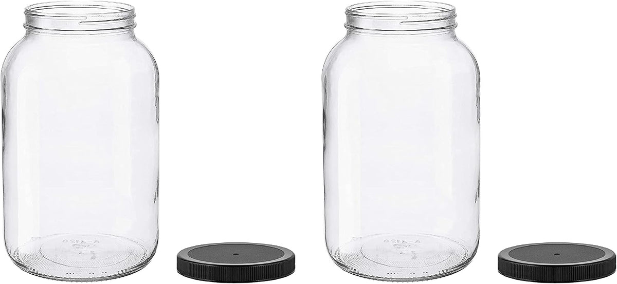North Mountain Supply 1 Gallon Glass Jar Wide Mouth with Black Plastic Lid - USDA, BPA-Free, Made in the USA - for Fermenting, Storing, Canning, and Much More! - Case of 2