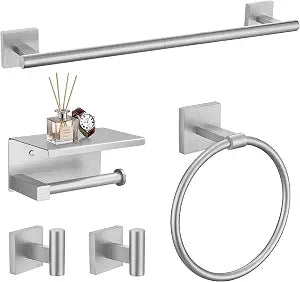 TURS 5-Pieces Brushed Nickel Bathroom Hardware Set 23.6 Inch SUS304 Stainless Steel Towel Bar Set Wall Mounted Square Toilet Paper Holder with Shelf