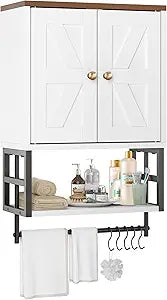 Bathroom Wall Cabinet, Farmhouse Medicine Storage with Towel Bar, White