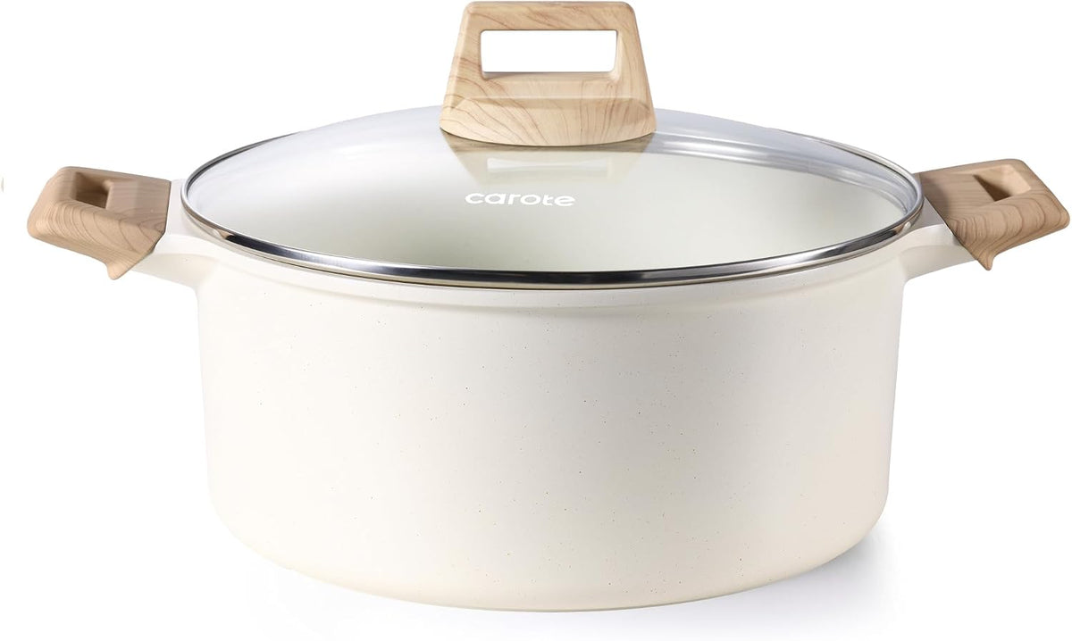 CAROTE Nonstick Stock Pot with Lid, 6 Quart White Granite