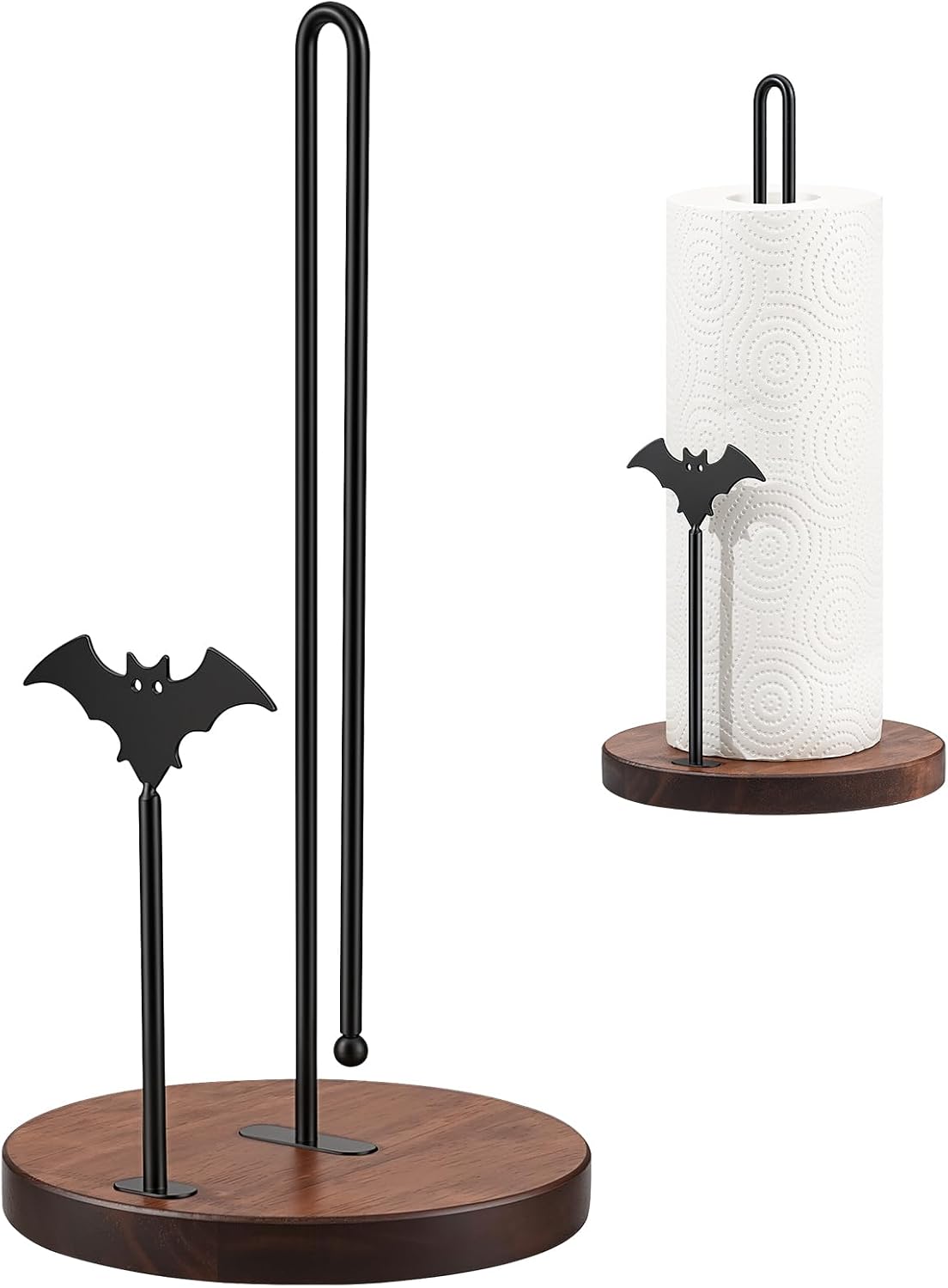 Wooden Paper Towel Holder Countertop,Gothic Iron Bat Decor Solid Wood Base