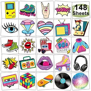CHARLENT 148 Sheets 80s 90s Theme Temporary Tattoos for Kids