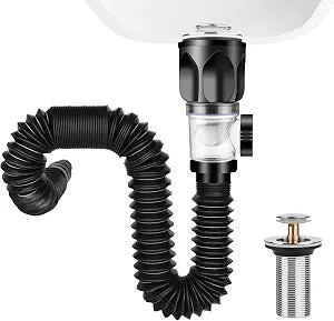 No Need Tools Easy Install Bathroom Sink Drain Kit, 3 in 1 Plumbing, Fits 1-1/4'' & 1-1/2'' Drain Hole, RV Bathroom Sink Drain Strainer Cover Stopper P Trap Flex-Drain Drainage Pipe