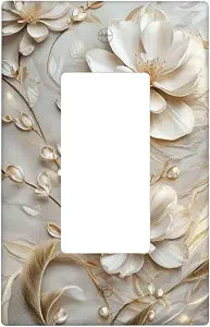 Decorative Art Light Switch Covers Elegant White and Gold Florals 1 Gang Rocker Outlet Wall Plate Switchplate Electrical Faceplate for Home Decor