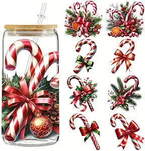 4pcs Christmas Cane Candy Tree Pine UV DTF Cup Wraps Transfer Waterproof Sticker for Glass Cups Furniture Craft DIY CraftsRub on Transfer Stickers for DIY Water Bottle Laptop Decal Wood Car