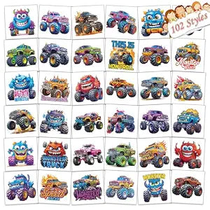 102 PCS Individually Wrapped Monster Trucks Temporary Tattoo for kids - Monster Truck Temporary for Girls Boy Body Arm Shoulder Cute Tattoos Stickers, Birthday Party Supplies Gifts for Kids