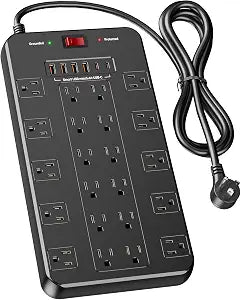 Surge Protector Power Strip 10 FT Cord with 22 Outlets 6 USB Ports(2 USB C), 1875W/15A, 10 FT Flat Plug 3 Prong Extension Cord with Multiple Outlets for Home Office, Dorm, Gaming, Black