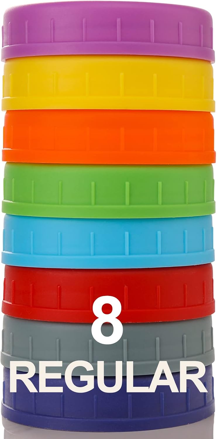 AOZITA 8 Pack REGULAR Mouth Mason Jar Lids for Ball, Kerr and More - Colored Plastic Storage Caps for Mason/Canning Jars - Leak-Proof, Dishwasher Safe & Food Grade