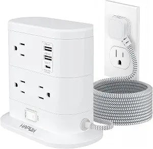 HAPOW Tower Power Strip Surge Protector 5 FT Extension Cord with Multiple Outlets - 7 Widely AC Outlets and 3 USB Ports, Flat Plug Charging Station, Flat Cord Outlet Extender, 1700J, ETL Listed