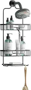 Zenna Home Rustproof Hanging Shower Caddy, Over the Shower Head Caddy with 2 Shelves and Built In Hooks, Aluminum Bathroom Hanging Organizer, Black