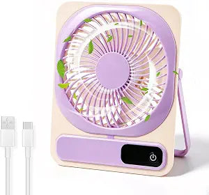 Portable Desk Fan, 5-Speed Rechargeable USB Personal Fan with Strong Quiet Airflow, Battery Operated Small Fan for Office Home Bedroom Travel Outdoor, 180 Foldable Stand for Tabletop Hanging