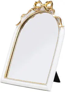 Stylor Vintage Coquette Bow Desk Mirror - 11.5"x9.8" Gold Antique Vanity Room Decor, Small Ornate Arched Makeup Mirror, Decorative Victorian Table Top Mirror