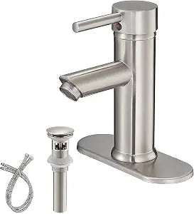 Brushed Nickel Bathroom Faucet Single Hole Single Handle Water Saving Lavatory Vanity Sink Faucet with Cover Plate with Pop Up Drain with Overflow Mixer Tap Supply Line