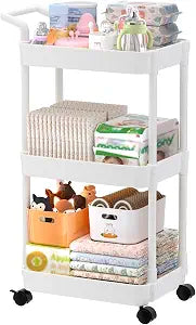 Volnamal Diaper Caddy, 3 Tier Rolling Cart for Baby Essentials, Off-White