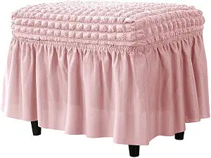 GAWEKIQE High Stretch Seersucker Fabric Ottoman Slipcovers Footstool Cover with Skirt Rectangle Modern Furniture Protector for Home Decor Bedroom Living Room Balcony (Pink)