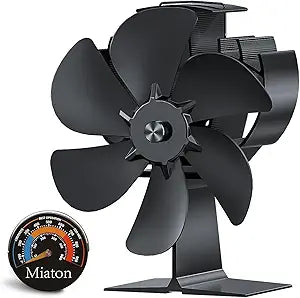 Wood Stove Fan Heat Powered, 6-Blade Fireplace Fan with Thermometer, Non Electric Heat Activated Stove Top Fan for Wood Burning Stove, Pellet Stove&Portable Heaters, Black