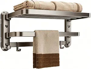 Towel Racks for Bathroom 15.74Inch Towel Shelf with Towel Bars Foldable Towel Holder with 5 Hooks Suction Cup Wall Mounted No Drilling Damage Free Towel Storage Organizer