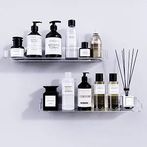 Bakzon Acrylic Shower Shelves 2 Pack  No Drill Adhesive Acrylic Bathroom Shelves, Heavy Duty Shower Caddy Holds 20 lbs, Clear Wall Mounted Shower Organizer for Inside Shower