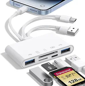 5-in-1 Memory Card Reader, USB OTG Adapter & SD Card Reader for iPhone iPad Mac USB C and USB A Devices with 5 Slots of PD 60W/Dual USB/TF/SD Card, Camera Adapter Supports SD/Micro SD/SDHC/SDXC/MMC