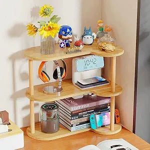 FOTN Vertical Wood Corner Shelf, Simple Desktop Small Bookshelf 3-Tier Clutter and Ornaments Storage Shelf File Organizer Rack Bookcase (Oak, 3-Tier)