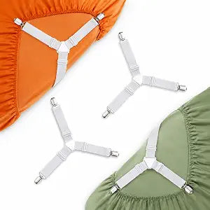 Bed Sheet Straps 4 Pack, Adjustable 3-Point Sheet Fasteners with Metal Clips, Elastic Fitted Sheet Holders for Mattress Corners, Non-Slip Bed Sheet Suspenders, Cream