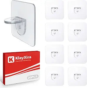 20 Pack Heavy Duty No-Drill Adhesive Shelf Brackets, Clear Waterproof Plastic Wall Shelf Supports for Shower Caddy Kitchen Cabinet Bookshelves