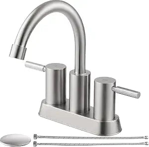 IKEBANA Brushed Nickel Bathroom Faucet, 2 Handle Bathroom Sink Faucets Centerset, 360 Swivel High-Arc Spout Modern 4 inch Bath Faucet Lead-Free for Vanity Lavatory with Pop-up Drain & Water Hoses