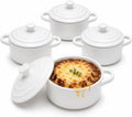 Mini Dutch Oven Set of 4, 14 oz Ceramic Mini Dutch Ovens with Lids and Handles, Ramekins with Lids for French Onion Soup, Pot Pies, SoufflÃ©s and Baked Desserts, Oven Microwave Dishwasher Safe, Mini Cocotte, White