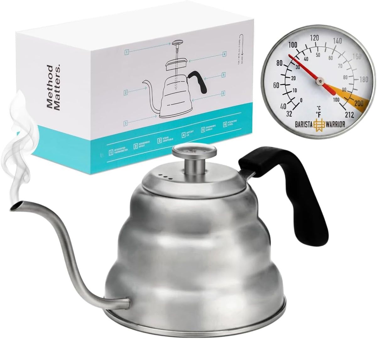 Barista Warrior Gooseneck Kettle, 1L Pour Over Kettle, Stainless Steel