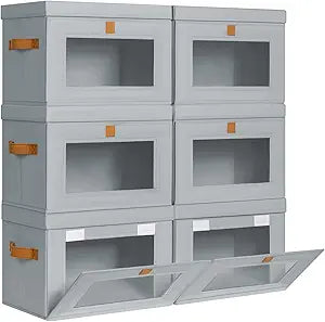 DIMJ Storage Bins with Lids - 6 Pack Front Opening Stackable Fabric Storage Boxes with Clear Window & Handles, Collapsible Closet Organizers for Clothes, Sweaters, Shelf Storage, Bedroom, Gray