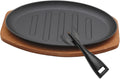 Cast Iron Steak Plate Sizzle, Oval Grill Fajita Server Plate, Fajita Skillet with Wooden Base Steak Pan, Household use or Restaurant Supply (10 inch)