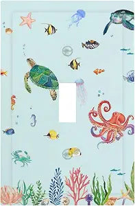 Light Switch Cover Cartoon Underwater Sea Animal Ocean Sea Turtle 1 Gang Wall Plate Cover Single Toggle Outlet Covers Decorative Switchplate Electrical Faceplate for Bathroom Nursery Decor