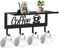 Wall Mounted Coffee Mug Holder, Black Metal with 4 Hooks, Mug Rack with Storage Shelf for Kitchen, Office, Farmhouse, Home Decor