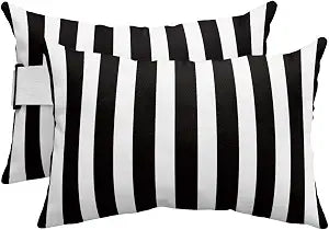 T&H XHome Outdoor Pillow for Chaise Lounge Chair, Black and White Stripe Waterproof Headrest Pillow Lumbar Pillows with Insert & Adjustable Elastic Strap for Beach, Poolside, Patio, Office (2 Pack)