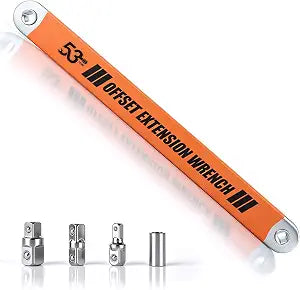 Offset Extension Wrench 15.4 Inch, 53FT-LB Impact Ready 3/8" Drive Chain Driven Socket Wrench Extender with 1/4", 3/8", 1/2" Adapters for Tight Spaces and Zero Degree Ratchet Access