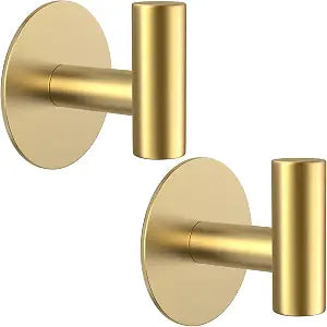 Gold Stainless Steel Wall Hooks, Heavy Duty Self-Adhesive Hooks for Coats, Towels, Robes, Hats, Aprons  No Drill Bathroom, Kitchen, Hotel (2 Pack)