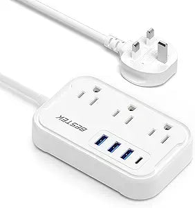 BESTEK US to UK Travel Plug Adapter: Type G Adapter with 3 AC Outlets and 4 USB (1 PD20W) - Power Strip for USA, UK, Ireland, Scotland, Hong Kong, British, London - 2.6ft