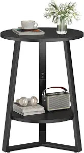 sthmec Small Round End Table, 2 Tier Side Table with Storage Shlef,Coffee Table Wooden Tabletop & Metal Frame,Round Accent Table Small Nightstands Couch Tables for Bedroom,Livingroom, Black