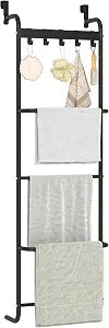 5 Tier Over The Door Towel Racks for Bathroom Wet Towel Drying Rack Clothing Storage Holder with Hooks (Black, 5 Tier)