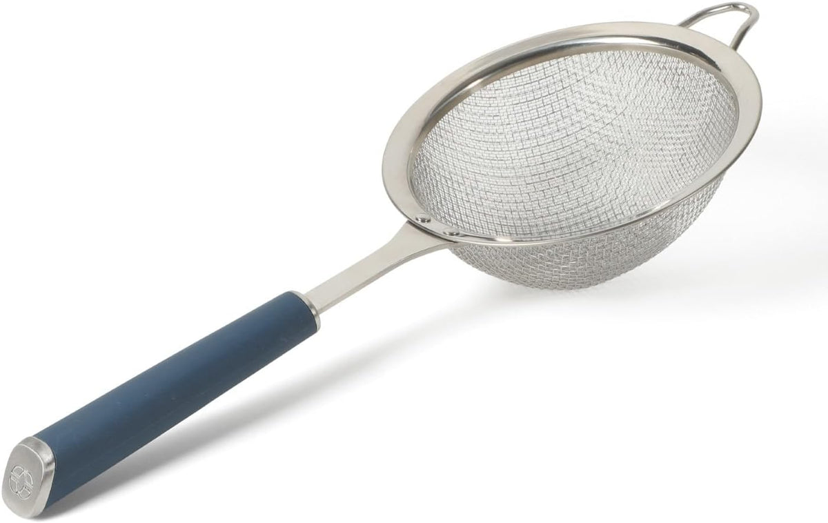 Calphalon Prime Edge 5-Inch Stainless Steel Strainer, Fine Mesh Kitchen Colander Strainer with Thermoplastic Rubber Handle, Sifter for Rinsing, Draining & Straining Food, Navy